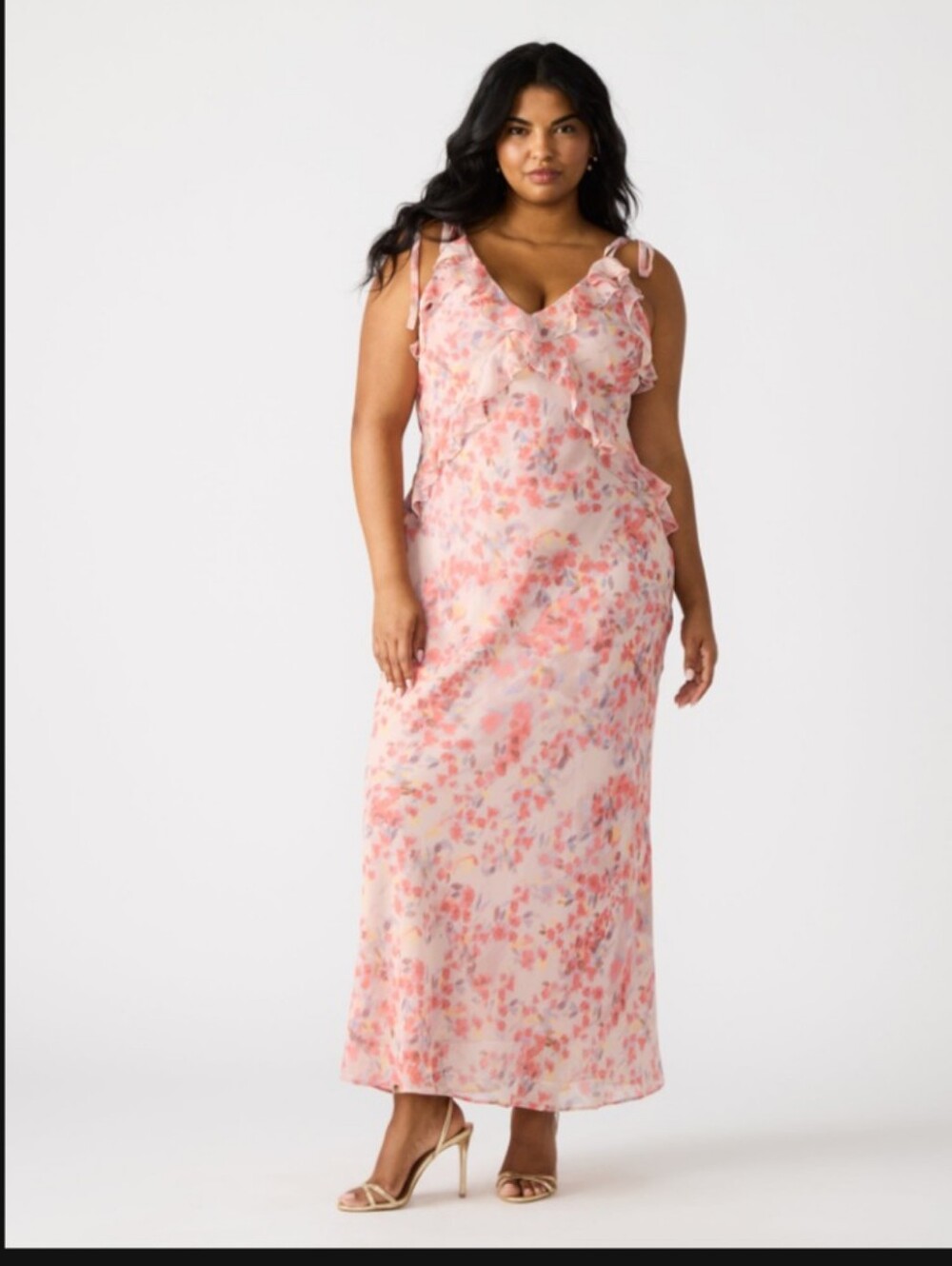 Newish Steve Madden Chiffon Lined Ruffle Tie Straps Maxi Dress Floral Watercolor